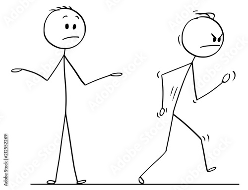 Cartoon stick drawing conceptual illustration of angry man or businessman leaving vigorously conversation with other man.