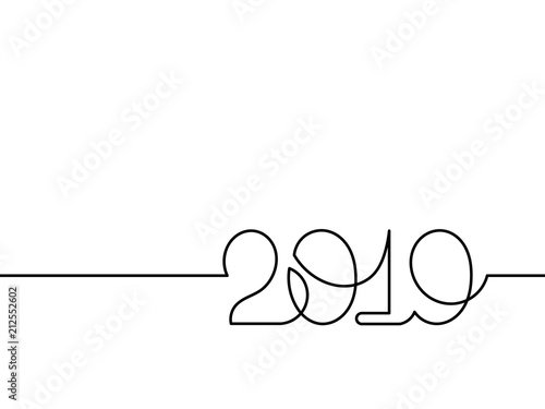 One continuous line drawing 2019. Vector new year illustration isolated on white background.