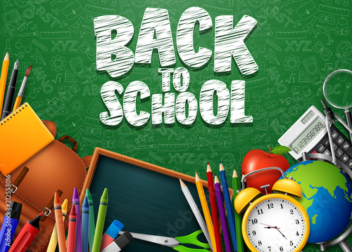 Back to School with school supplies and doodles on green chalkboard background