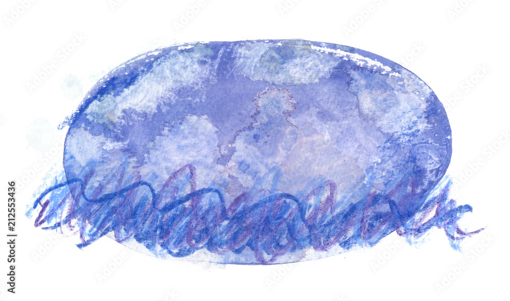 Light purple oval with blue abstract waves painted in watercolor and colored pencils on clean white background Light purple oval with blue abstract waves painted in watercolor and colored pencils on clean white background