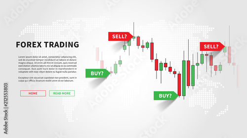 Forex trading promo page vector illustration. Web banner template for trading companies graphic design. Financial chart with signals to buy and sell for stock exchange market concept.