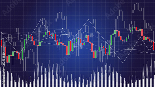 Candlestick chart in financial stock market vector illustration on dark background. Forex trading graphic design concept.