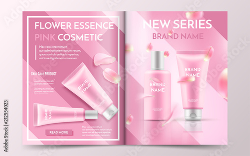Pink cosmetic magazine design with realistic skin care bottles and tubes on a pink background with flower petals. A beautiful Cosmetic poter template with rose sakura, vector illustration for ads