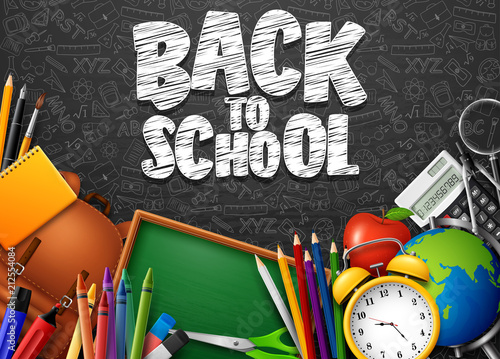 Back to School with school supplies and doodles on black chalkboard background