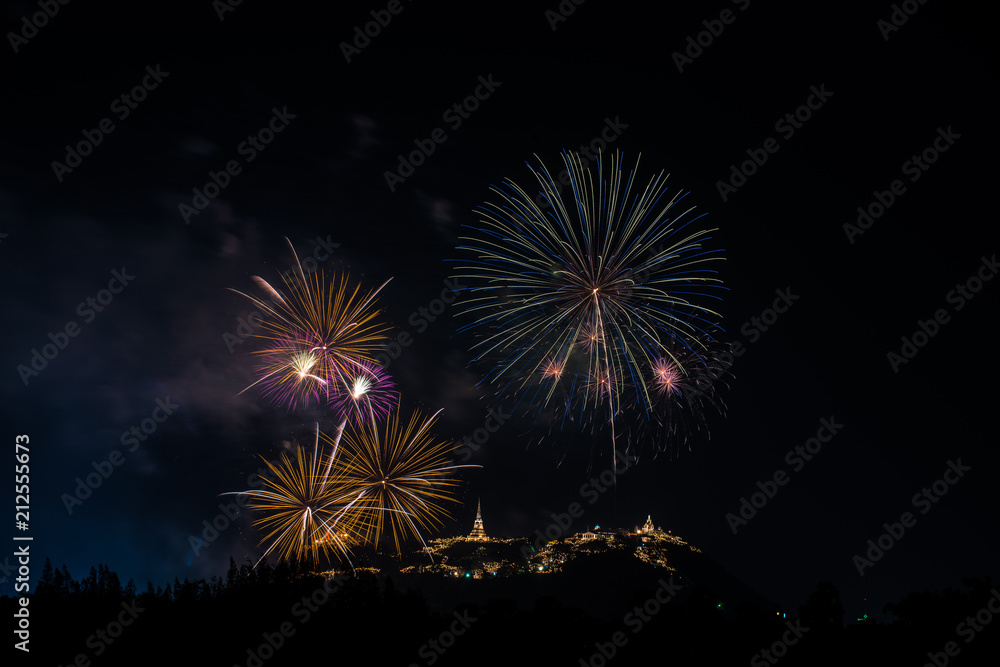 Beautiful fireworks with Phra Nakhon Khiri ancient place (Khao Wang) landmark of Phetchaburi Province Thailand Beautiful fireworks with Phra Nakhon Khiri ancient place (Khao Wang) landmark of Phetchaburi Province Thailand