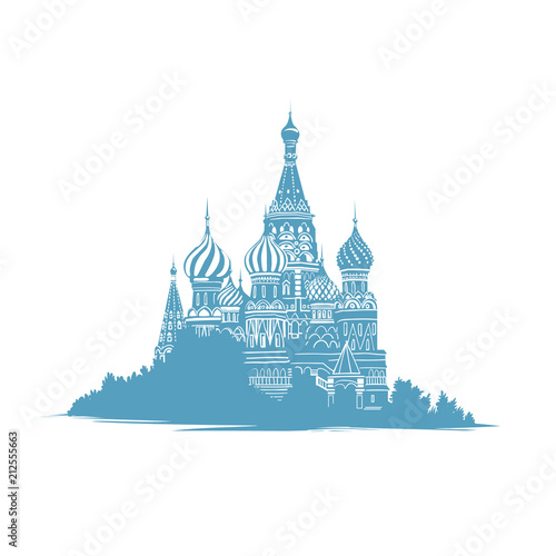 Hand drawn sketch style illustration of Saint Basils Cathedral in Moscow, Russia. Russian landmarks. Orthodox curch. Mono color silhouette in blue on white background.