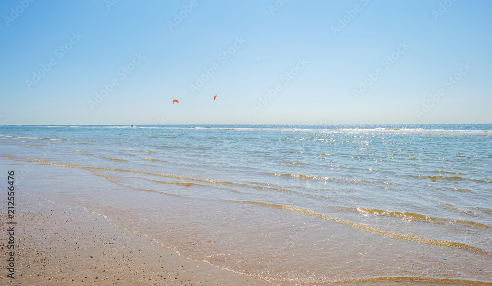 Kitesurfing  on sea along the beach in sunlight in summer