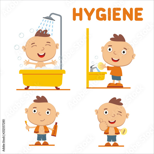 Set of funny boy in cartoon style for rules of child hygiene: showering,  washing hands, brushing her teeth. Stock Vector | Adobe Stock
