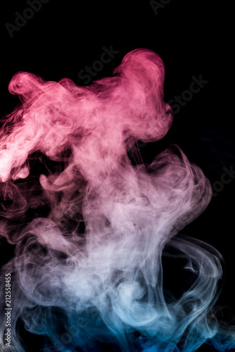 Red and blue smoke isolated on black background.