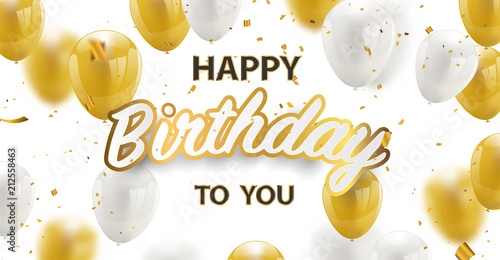 Happy birthday vector Celebration party banner Golden foil confetti and white and glitter gold balloons.