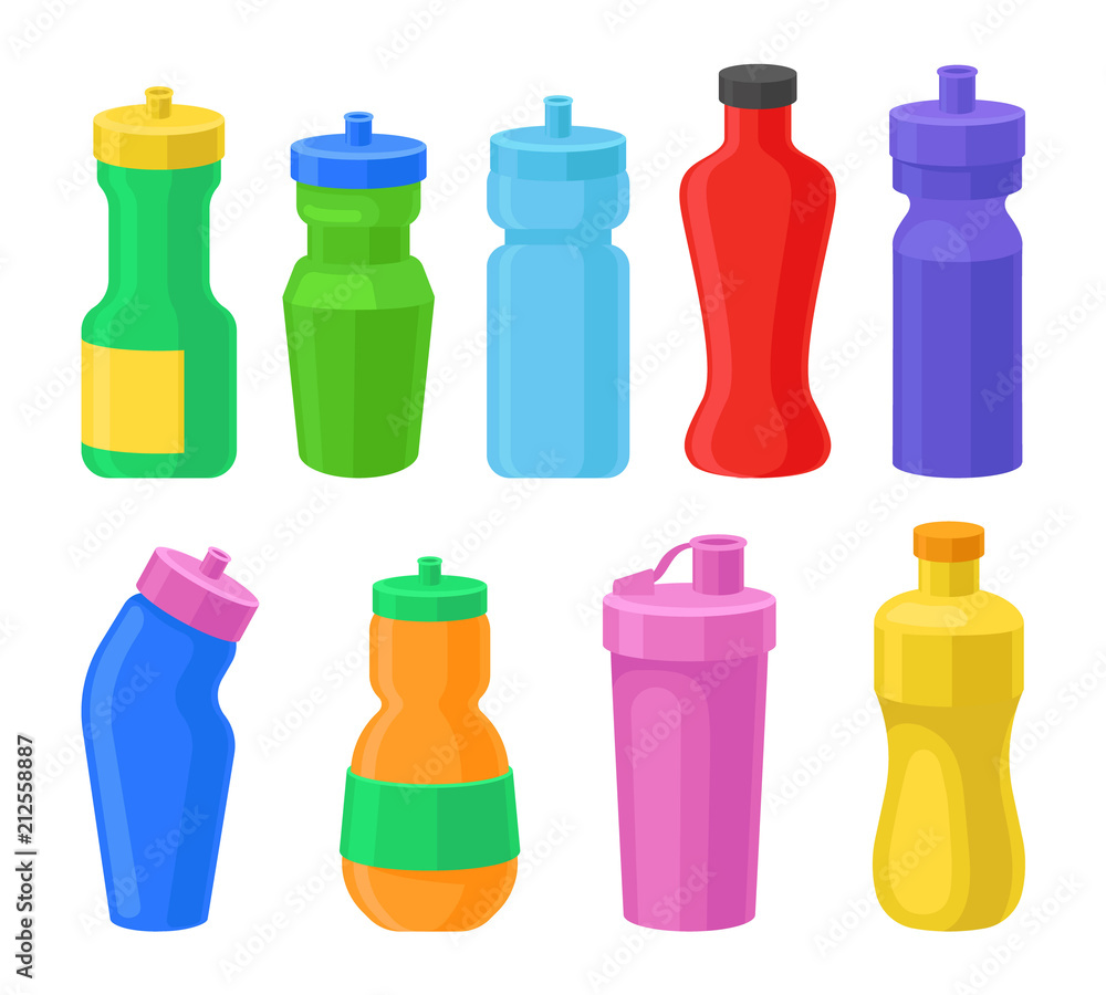 Plastic reusable water bottles set, coorful drink bottles for fitness, protein shakers vector Illustrations on a white background Plastic reusable water bottles set, coorful drink bottles for fitness, protein shakers vector Illustrations on a white background
