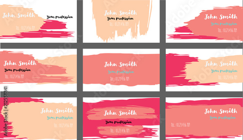 Cool Brushstrokes Painted Business Cards Vector Set. Watercolor Ink Cool Smears Hipster Corporate Identity. Trendy Funky Graffiti Prints, Cute Music Poster Background. Grunge Painted Business Cards.