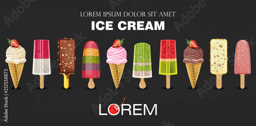 Ice cream set collection Vector realistic. Summer exotic fruits and berry flavors. Product packaging. Label menu dessert banners