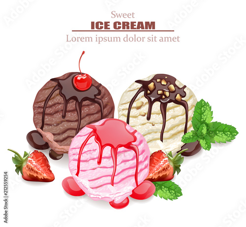 Ice cream scoops Vector. Chocolate, vanilla and strawberry flavors