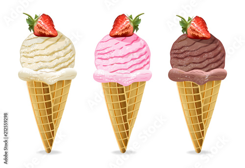 Ice cream cones Vector. Chocolate, vanilla and strawberry flavors
