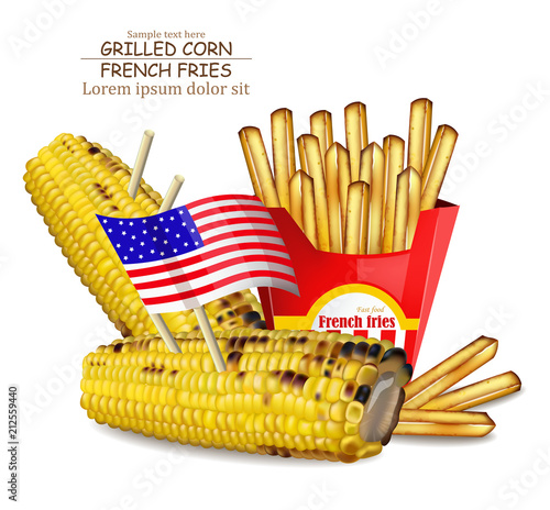 Grilled corn and french fries Vector realistic. Delicious fast food products. Detailed Templates