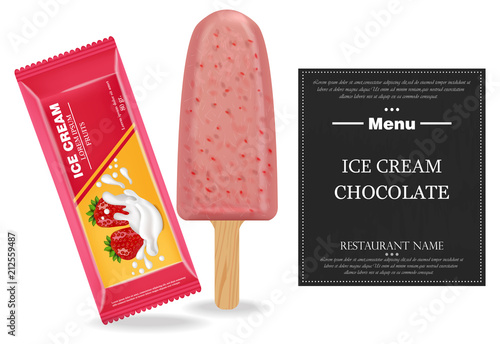 Strawberry ice cream Vector realistic. Product packaging mock up. Label menu ...