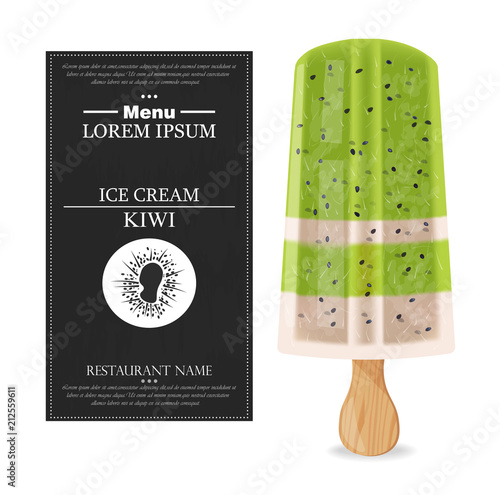 Kiwi ice cream Vector realistic. Product packaging mock up. Label menu desser...