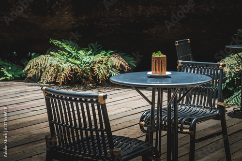 The table set in the forest with sunlight
