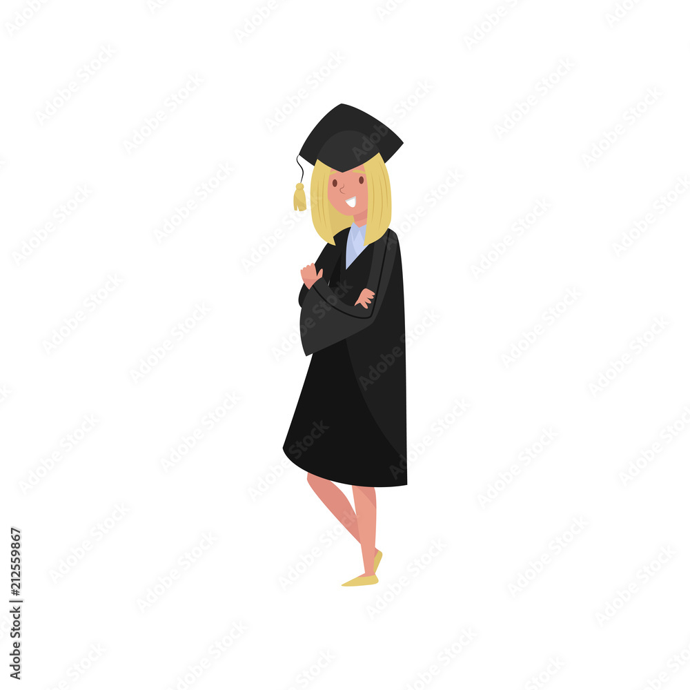 Happy female graduate, smiling graduation student girl in gown and cap vector Illustrations on a white background Happy female graduate, smiling graduation student girl in gown and cap vector Illustrations on a white background