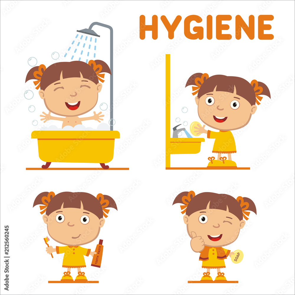 Set of little girl in cartoon style for rules of child hygiene: showering, washing  hands, brushing her teeth. Stock Vector | Adobe Stock