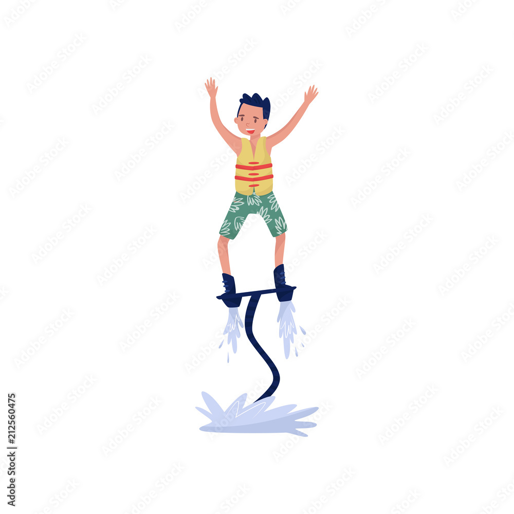 Man on flyboard, extreme water sport cartoon vector Illustration on a white background Man on flyboard, extreme water sport cartoon vector Illustration on a white background