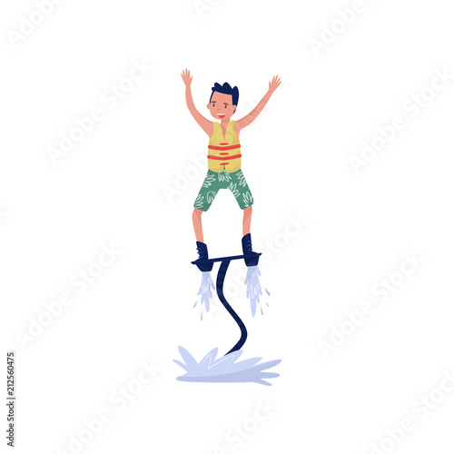 Man on flyboard, extreme water sport cartoon vector Illustration on a white background