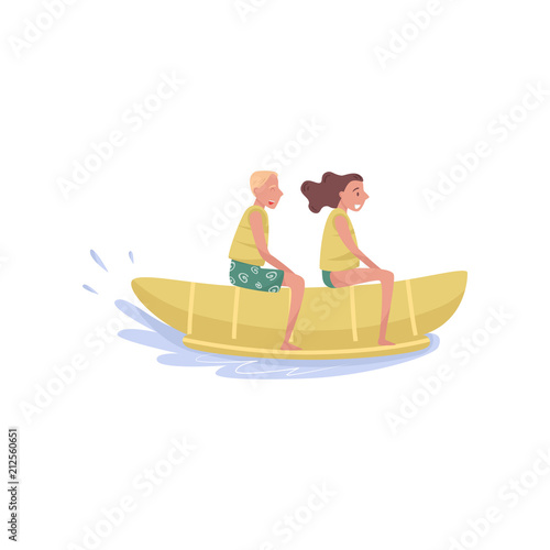 Happy young couple riding on banana boat extreme water sport cartoon vector Illustration on a white background