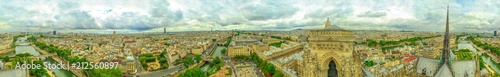 360 degrees skyline aerial view of Paris in France with the Tour Eiffel tower and Pont Saint-Michel bridge on Senna river, from top of the church Notre Dame of Paris, France.
