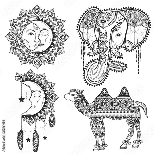 Set of boho design elements for coloring book. Ornamental sun eclipse, crescent, elephant and camel.