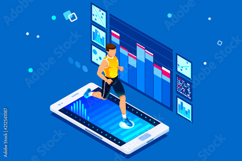 Isometric man running. Workout for wellness and activity of muscles. Male healthcare. Flat isometric vector illustration isolated on white background.