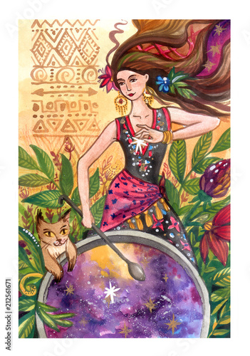 Beautiful hand drawn watercolor illustration witch cooks in the 