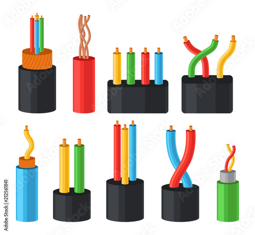Electrical cables set, multicore cables in color insulation vector Illustrations on a white background