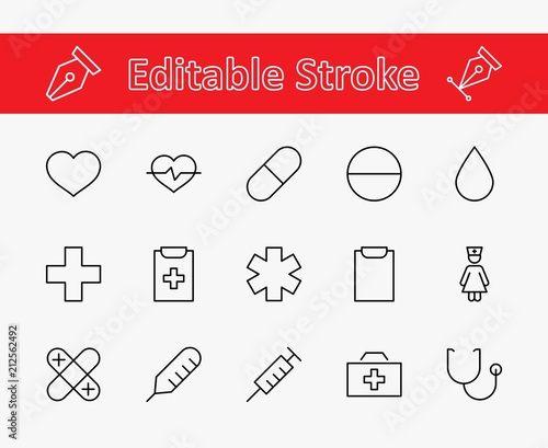 Set of medicine vector line icons. It contains the first aid kit, nurse, syringe, thermometer, plastic, pills, heart, drop of blood, palpitation and much more. Editable move. 32x32 pixels.