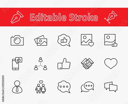 Set of Social Networks Related Vector Line Icons. Contains such Icons as Profile Page, Rating, Social Links and more. Editable Stroke. 32x32 Pixel Perfect.
