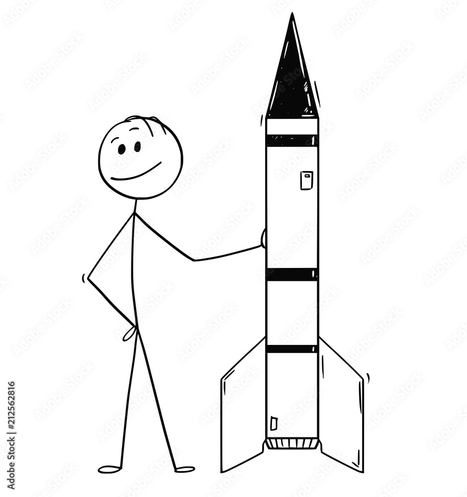 Cartoon stick drawing conceptual illustration of politician or businessman  leaning on missile or rocket. Concept of military industry and technology.  Stock Vector | Adobe Stock