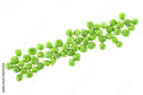 Fresh green peas on a white background, top view.