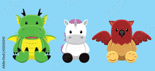 Dragon Griffin Unicorn Doll Set Cartoon Vector Illustration