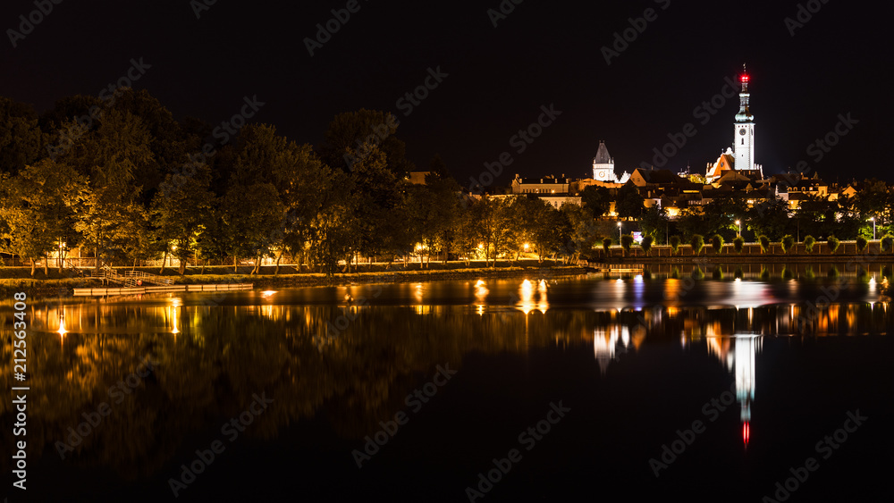 Historic Tabor city and Jordan pond. Night view. South Bohemia, Europe