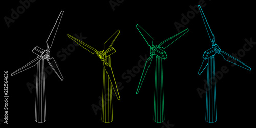 Wind turbin icon set. Isolated on black background. Isometric projection.