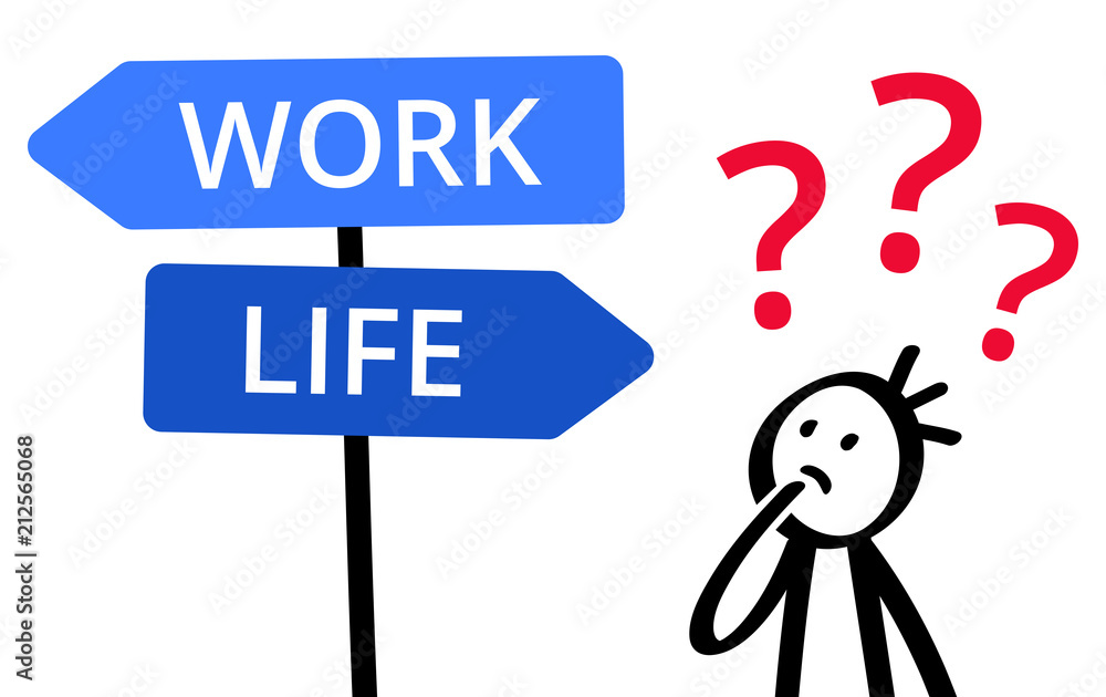 WORK or LIFE, which way to go. Stick figure pondering decision, choice, balancing, direction sign, career or spare time isolated on white background WORK or LIFE, which way to go. Stick figure pondering decision, choice, balancing, direction sign, career or spare time isolated on white background