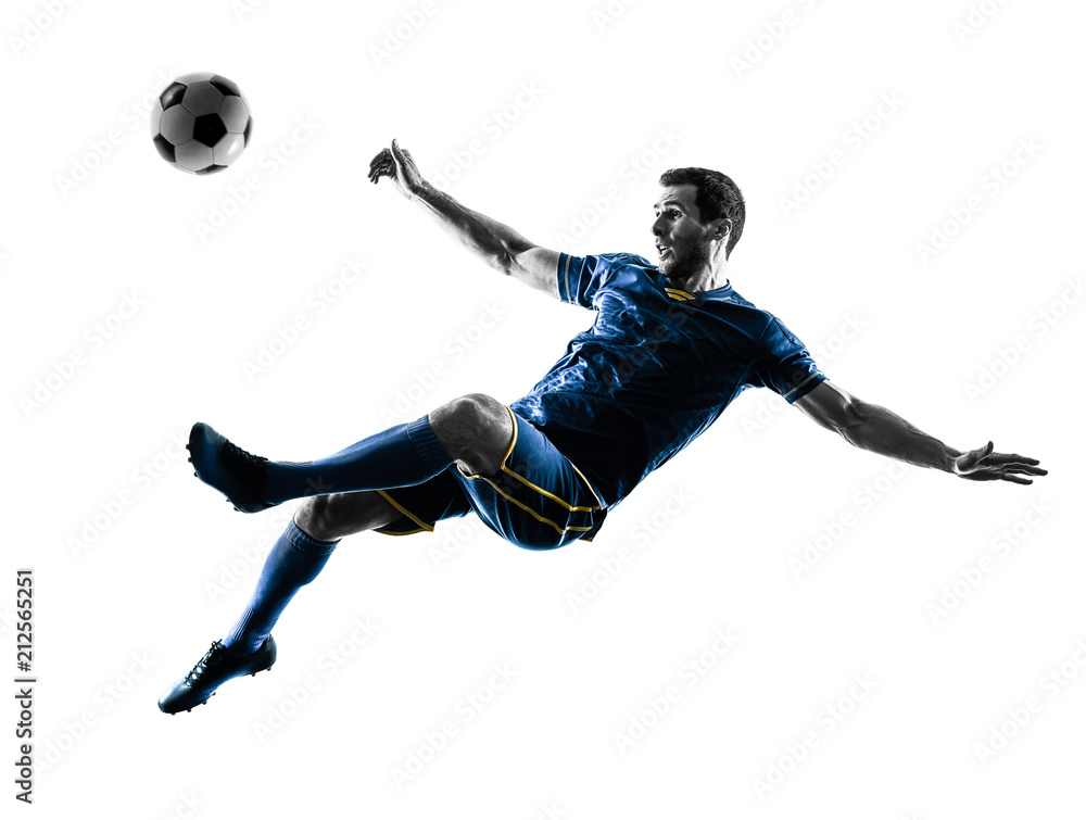 Naklejka premium one caucasian soccer player man playing kicking in silhouette isolated on white background