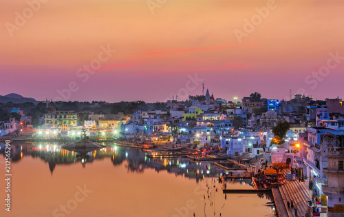 Pushkar Holy Lake at sunset, India photo