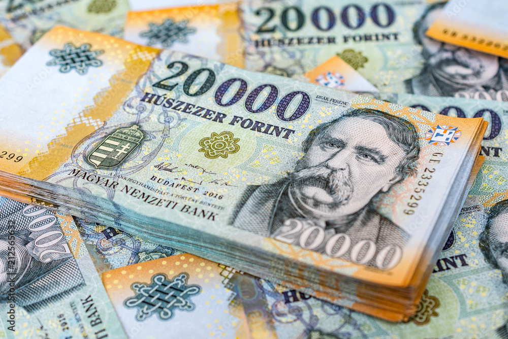 Fotografie Stack of Hungarian 20000 forint banknotes close up