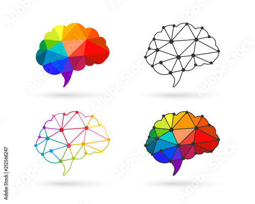 Brain icon set made in colorful low poly design and connecting lines and dots