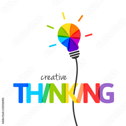 Creative thinking concept with colorful lightbulb. Integrated text and lettering made of different colors with multiply blend mode.