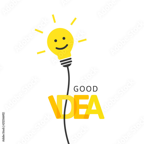 Good idea concept with smiling lightbulb. Integrated text and typography with multiply blend mode.
