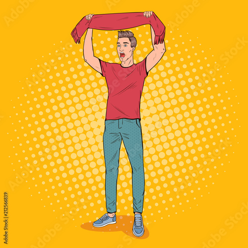 Pop Art Man Soccer Fan with Scarf of his Favorite Team. Football Supporter. Vector illustration