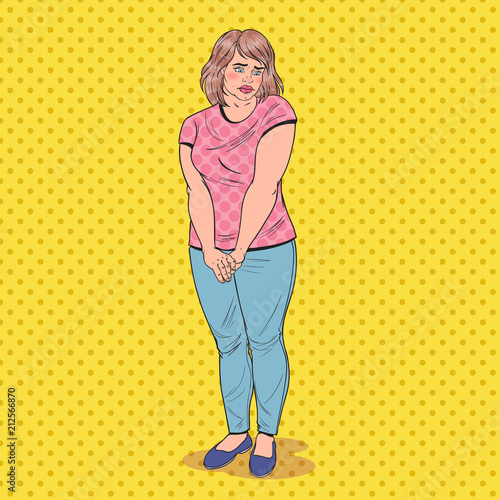 Pop Art Shy Fat Woman. Overweight Ashamed Young Girl. Unhealthy Eating. Vector illustration