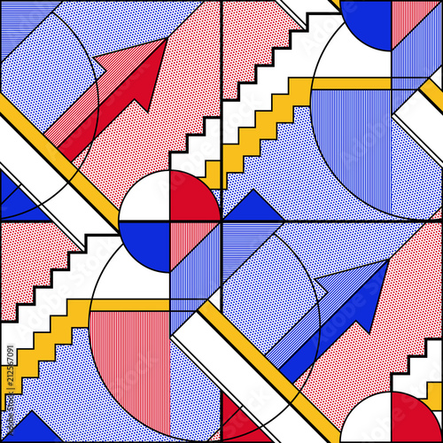 Abstract seamless geometric pattern in blue and red. Modular painting with four panels. Background in the abstractionism style. Vector illustration.